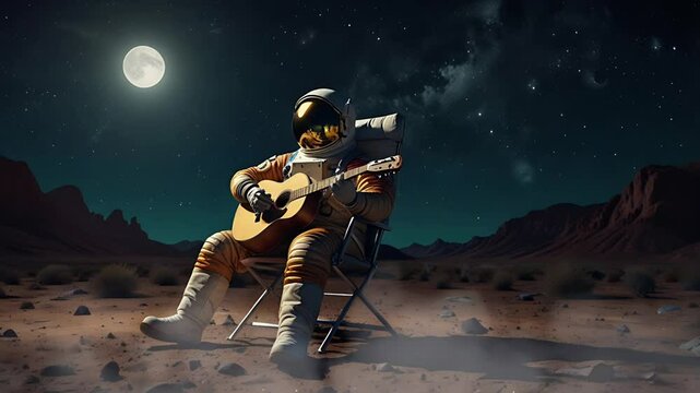 An astronaut is playing guitar on an alien planet, the moon is visible. Seamless 4K looping timelapse video animation background