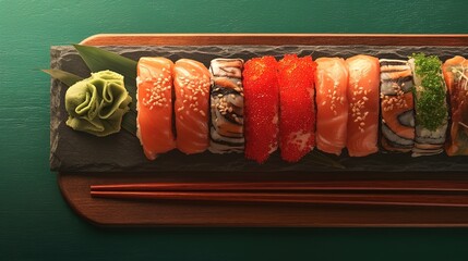The best view of traditional cuisine. Sushi rolls with salmon, and vegetables served on black table. Food on black stone with chopsticks.