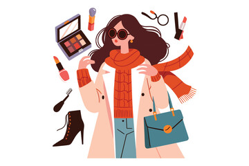 flat vector illustration of a fashion Model girl with a makeup set isolated on white background