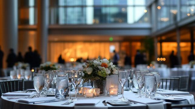 Elegant dimly lit banquet hall with round tables set for a formal event, featuring white tablecloths, silverware, crystal glasses, and floral centerpieces. Large windows provide soft ambient light, wi
