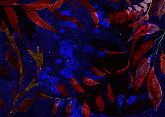 Ilustracja podwodny świat czerwone wodorosty granatowe głębiny tekstura .Hand made drawing.