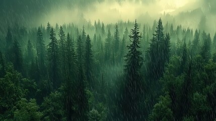 rain-drenched forest, with dark green trees and wet leaves glistening as rain showers down from the sky