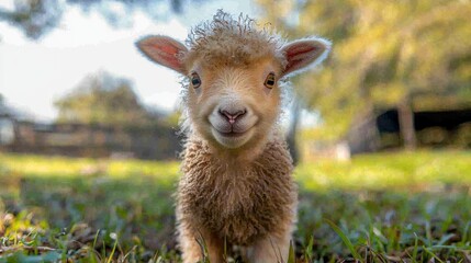 Fototapeta premium A fluffy sheep with soft wool stands contentedly in a vibrant green pasture. The warm sun casts a gentle glow, highlighting its adorable features and playful spirit in a serene countryside setting