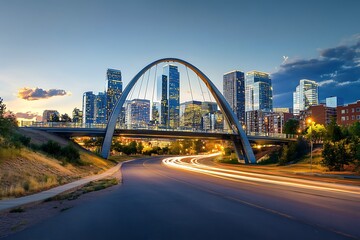 Obraz premium A dramatic city with a modern bridge crossing over a wide asphalt road, the bright city lights reflecting off the glass skyscrapers in the background.