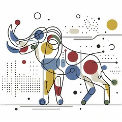 Modern abstract line art of a mammoth with geometric shapes and primary colors, continuous line art, creature is stylized and simplified to the most basic geometric forms, exaggerated features, adorned with splashes of primary colors, clean white solid background, with subtle geometric shapes and thin, straight lines that intersect with dotted nodes and overlap the figures. The overall aesthetic is modern and contemporary, AI generated