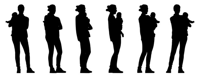Vector concept conceptual black silhouette of a woman baby in her arms from different perspectives isolated on white background. A metaphor for motherhood, love and care, family, and lifestyle