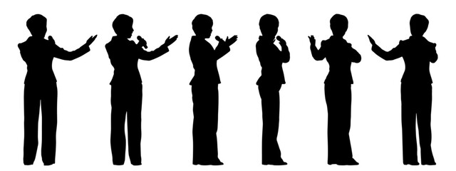 Vector concept conceptual black silhouette of a female singer from different perspectives isolated on white background. A metaphor for music, art, beauty, entertainment and lifestyle