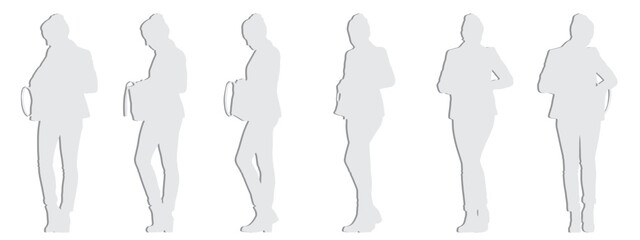 Vector concept conceptual gray paper cut silhouette of a business woman from different perspectives isolated on white. A metaphor for success, education, business, confidence, leadership and vision