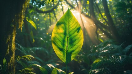 Lush Green Leaf in Sunlit Jungle