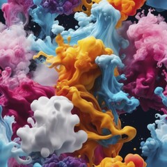 Obraz premium Vibrant clouds of paint in orange, blue, purple, pink, and white create a dynamic abstract scene against a dark background, AI generated