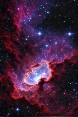 Fototapeta premium Bright nebula with red and blue cosmic clouds glowing in the surrounding dark space dotted with stars, Nebulas, AI generated