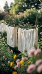 Soft white linens drying in a vibrant garden under sunlight.