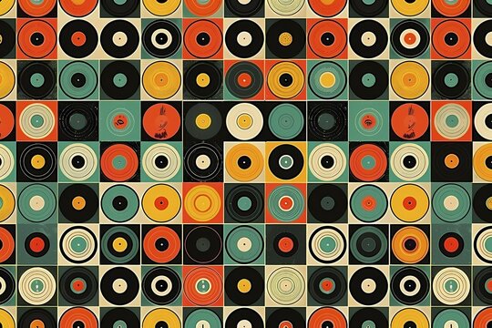 Colorful abstract pattern with stylized vinyl records in a retro design, illustration, AI generated