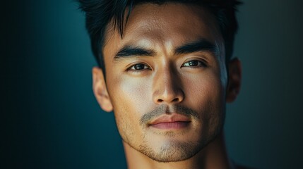 Obraz premium A fashionable multiethnic man captivates with his sleek hairstyle and defined jawline. He stands confidently against an artistic backdrop, showcasing modern style and charisma
