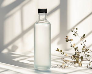 High-detail frosted glass water bottle close-up with an elegant and modern feel on a minimalist white background.