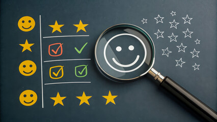 Customer satisfaction analysis concept with magnifying glass focusing on smiling emoticon. Dark background and minimalistic style emphasize the importance of the study.