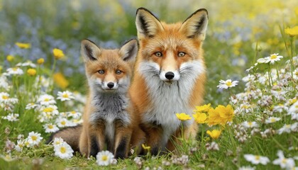 Fototapeta premium Ai generated, animal, animals, mammal, mammals, biotope, habitat, fox, foxes, red fox (Vulpes vulpes), two animals, a fawn and a puppy