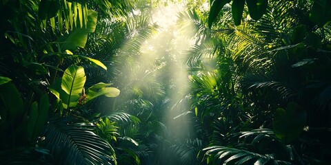 Obraz premium Sunbeams in Lush Jungle, Tropical Rainforest, Nature Background, Eco Tourism
