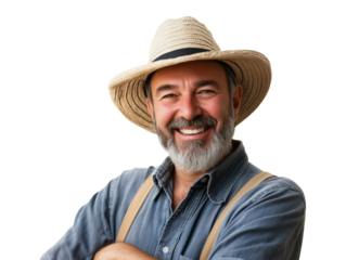 portrait of a farmer in a hat on a transparent background