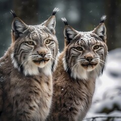Fototapeta premium Lynx (Lynx Lynx) in a wintry setting in the forest, with snowfall, ai generated