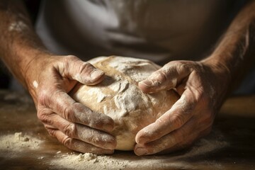 Man's hand kneading dough for baking bread at bakery shop or at home. KI generiert, generiert AI generated