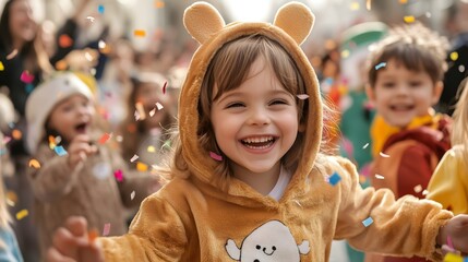 Group of children dressed as funny characters on street carnival with confetti. New Year, December. Halloween children. Celebration Wallpaper, poster.