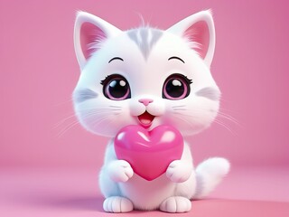 Fototapeta premium Cute white kitten holding a pink heart, pastel background, adorable illustration