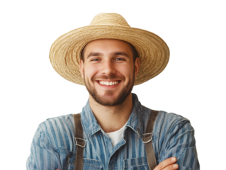 portrait of a farmer in a hat on a transparent background
