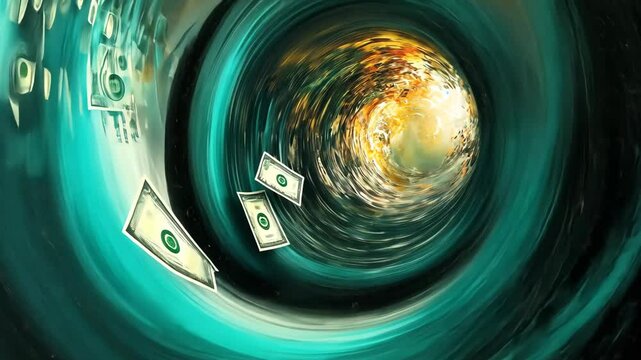 Whirling currency vortex: dollars swirling into eyecatching spiral motion