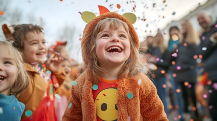 Group of children dressed as funny characters on street carnival with confetti. New Year, December. Halloween children. Celebration Wallpaper, poster.