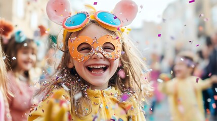 Group of children dressed as funny characters on street carnival with confetti. New Year, December. Halloween children. Celebration Wallpaper, poster.