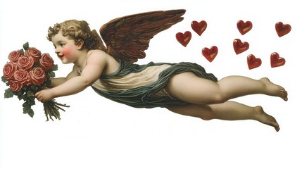 Flying Angel with Red Roses and Hearts on White Background