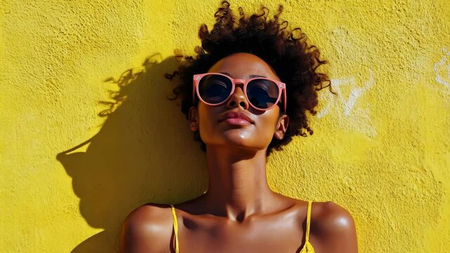 Relaxed woman in sunglasses basking in sunlight against vibrant yellow wall