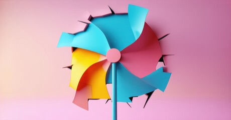 Damaged windmill with broken blades spinning unevenly, casting jagged shadows on pastel pink background. Vibrant surreal contrast of blue, yellow, and red geometric composition