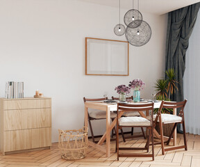 Frame picture interior, mockup frame, horizontal poster wood one frame in empty interior dining table cozy home room in illustration 3d render