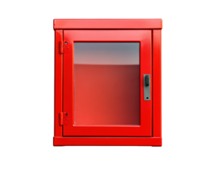 Red emergency box with glass front, industrial design, suitable for safety equipment storage. Ideal for fire safety and emergency preparedness