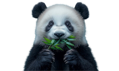 Naklejka premium Close Up of an Adorable Panda Eating Bamboo Against a Black Back