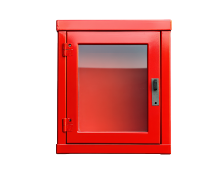 Red emergency box with glass front, industrial design, suitable for safety equipment storage. Ideal for fire safety and emergency preparedness