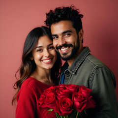 A happy Indian couple in love, hugging, a girl has a bouquet of flowers in her hands, a gift for an event, a valentine's Day celebration or a meeting.