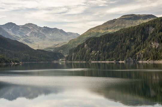Marmorera reservoir, mountain valley Oberhalbstein or Surses, Grisons, Switzerland, Europe
