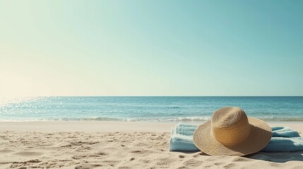 Soft Towels and Sunhat on Sandy Beach Ready for a Relaxing Day Under the Sun