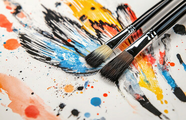 Obraz premium Colorful Paintbrushes with Vibrant Wing Artwork on White Background