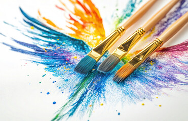 Obraz premium Colorful Paintbrushes with Vibrant Wing Artwork on White Background
