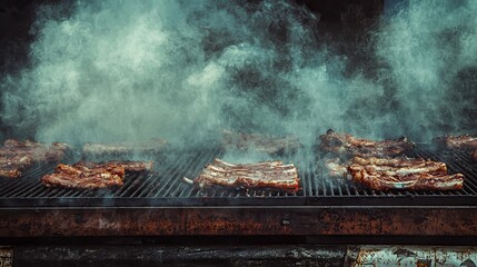 Delicious Barbecue Cooking on a Grill with Smoked Meat Perfect for Summer Gatherings and Parties