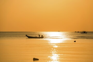 Sunset at sea, longtail boat, fishing boat, Ko Pha-ngan, Gulf of Thailand, Thailand, Asia