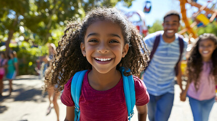 Joyful Moments of Parents and Kids Walking Together in an Amusement Park on a Bright Day