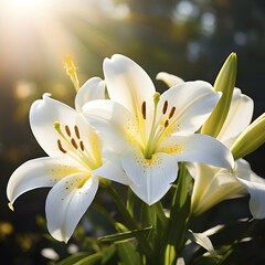 Fototapeta premium Blooming Easter lilies with soft white petals and a yellow center, bathed in gentle sunlight, AI generated