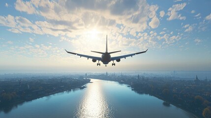 Airplane Landing over City River at Sunset