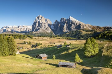 Alpine huts on the Seiser Alm, view of Sassolungo and Plattkofel, Dolomites, South Tyrol, Italy, Europe