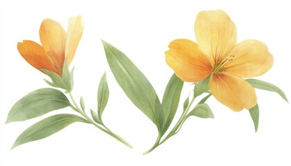 Vibrant orange and yellow flowers with lush green leaves, set against a clean white background, ideal for botanical illustrations